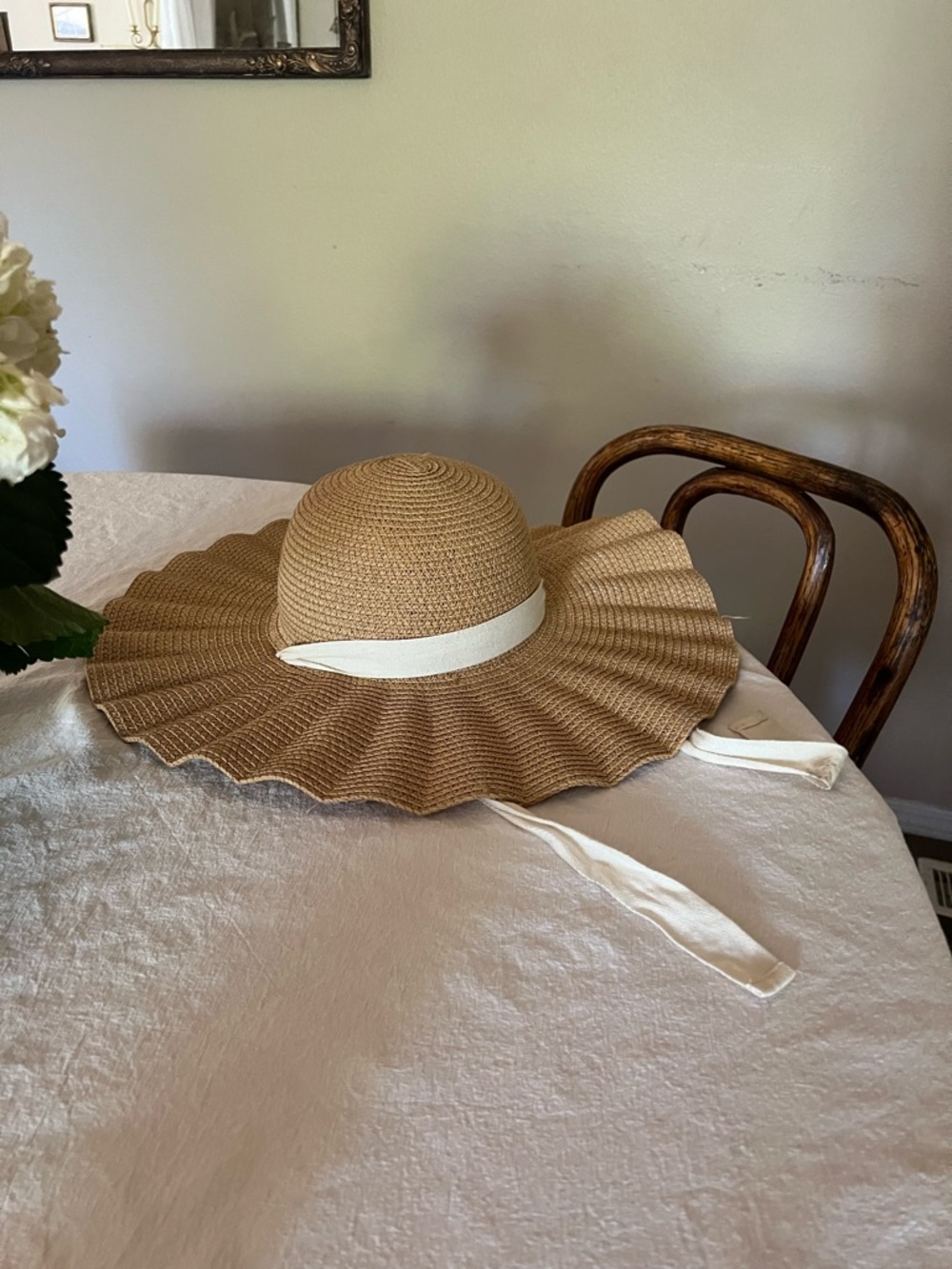 LC Lauren Conrad Tan Straw Sun Hat with White Ribbon Trim